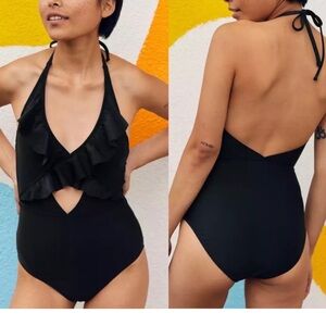 AERIE Ruffle One Piece Keyhole Halter Tie Padded Swimsuit Black Size Small